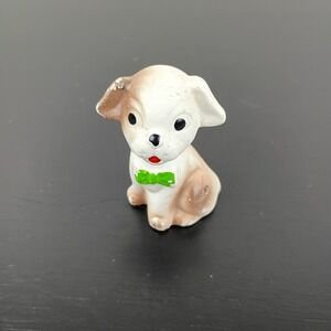 Vintage Miniature Ceramic Puppy Figurine Green Bow Tie Dog Collectible Taiwan